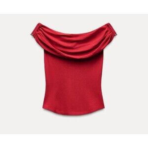 Zara Red Knit Top With Golden Applique Fold Over Ruch Top Size M NWT